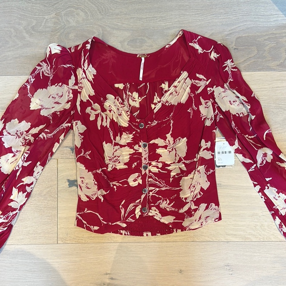 Free People Red Ruched Long Sleeve Blouse
